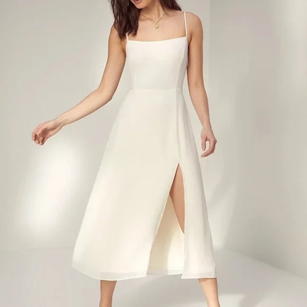 Wilfred Elegant White Spaghetti-Strap Midi Dress with Front Slit